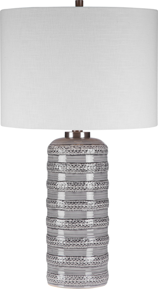 white and brass lamp Uttermost Light Gray Table Lamp This Traditional Ceramic Table Lamp Has An Elegant, Overlaid Lace Design With A Delicate Light Gray Glaze, Accented With Brushed Nickel Plated Details.