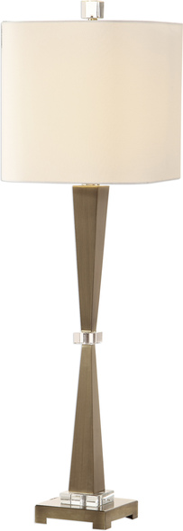 Uttermost Antiqued Brushed Nickel Lamp Table Lamps This Sleek Design Features Tapered Steel Columns, Finished In Plated, Lightly Antiqued Brushed Brass, Accented With Thick Crystal Details.
