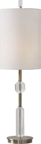 Uttermost Cut Crystal Buffet Lamp Table Lamps This Elegant Piece Showcases A Slender Profile Featuring Polished Cut Crystal Details, Paired With Plated Antique Brass Accents. A Round Hardback Drum Shade In White Linen Fabric Completes This Sophisticated Design.