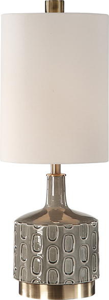 neutral white led light bulbs Uttermost Gray Table Lamp Finished In A Crackled Gray Glaze, This Ceramic Table Lamp Echoes Mid-century And Contemporary Styles. The Base Of This Piece Showcases An Embossed Repeating Geometric Design, Accented With Antique Brass Plated Details.