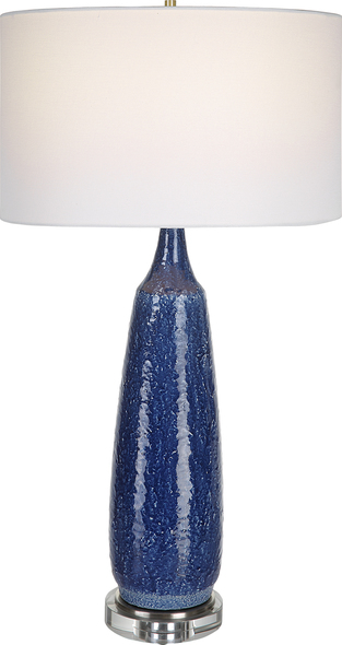 Uttermost Cobalt Blue Table Lamp Table Lamps Finished In A Distressed Deep Cobalt Blue Glaze With Subtle White Undertones, This Table Lamp Features A Textured Ceramic Base With Iron Details Finished In Brushed Nickel Displayed On An Elegant Crystal Foot.