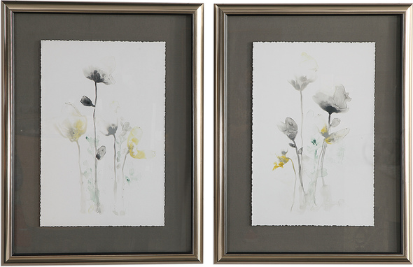 bird wall hanging Uttermost Floral Art Wall Art Clean Silver Frame With Black Inner Lip, Mat Is Soft Dark Gray.  Print Is Floating Under Glass With A Torn Deckle Edge. Art Colors Are Soft Gray, Forest Green, Golden Yellow, Off White Background.