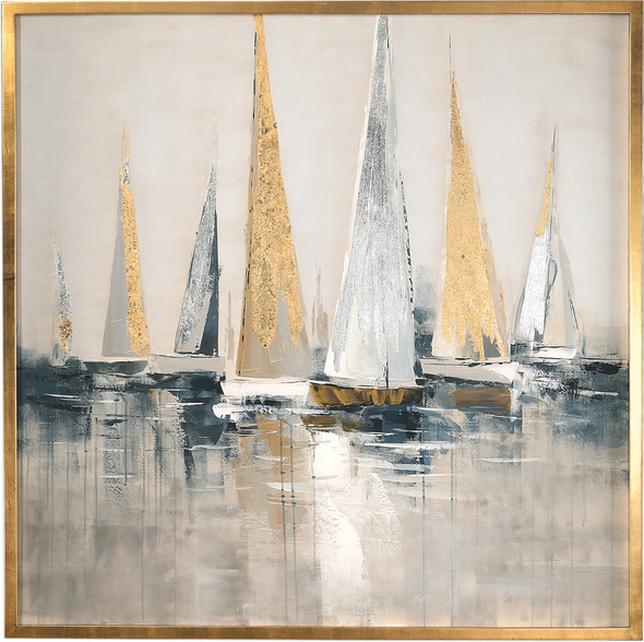 framed wall canvas Uttermost Nautical Art Hand Painted Canvas , Rich Gold Leaf Frame, Colors Of White, Off White, And Gray Painted Background With Silver And Gold Metallic Leaf Boat Sails. Blues, Mostly Indigo Wit Charcoal And Some Tan And Browns.  Palette Is Prominently Blue, Gray And Metal