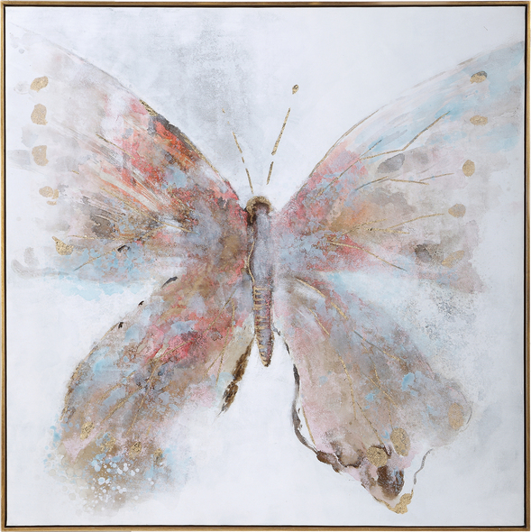 glass picture frames for wall Uttermost Butterfly Art Hand Painted Canvas, Antiqued Gold Leaf Gallery Frame, White, Light Gray, Light Blue, Fuschia, Gold Leaf, Pale Pink, Blue, Red-orange, Brown