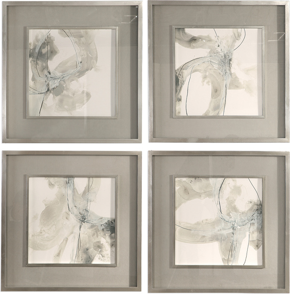 gold floral wall art Uttermost Abstract Art Siver Leaf Frame And Fillet, Warm Gray Mat, White Background With Warm Gray, Charcoal And Off White Print Colors.