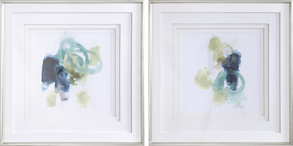 framed art for sale Uttermost Abstract Art White Frame With Silver Leaf Surround, Triple Matted With Spacers, White Background With Teal, Royal Blue, Yellow-green Watercolor Tones