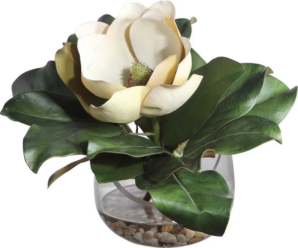 artificial flowers with pot for decoration Uttermost Artificial Flowers / Centerpiece A Southern Staple, This Large Magnolia Blossom Is Placed In An Asymmetrical, Clear Glass Vase With Faux Water And Natural Stones.