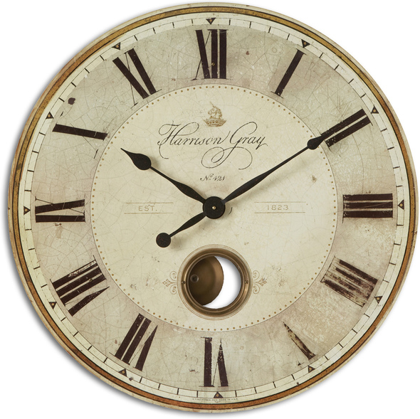 wall decor with a clock Uttermost Wall Clocks Weathered Laminated Clock Face With Brass Center Components And Internal Pendulum. Quartz Movement Ensures Accurate Timekeeping. Requires Two "AA" Batteries.
