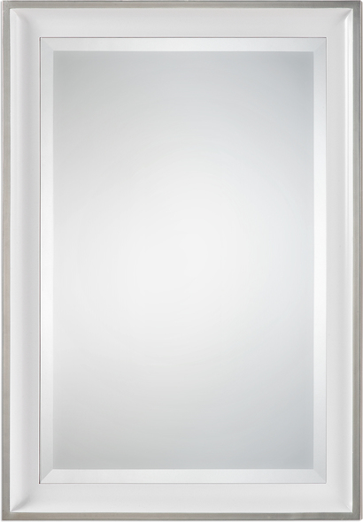 long floor mirrors Uttermost  White Silver Mirror Sloped Profile Finished In A Gloss White Accented With A Silver Leaf Outer Edge.