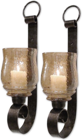 small glass tea light holders Uttermost Candle Sconces Antiqued Bronze Metal Accented By Transparent Amber Glass. Two 2"x 3" White Candles Included. NA
