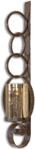 brass lanterns outdoor Uttermost Candle Sconces Thick Metal Finished In A Heavily Distressed Rust Brown With Burnished Edges And An Antiqued Mercury Glass Hurricane. One Off White 3" X 6" Candle Included.