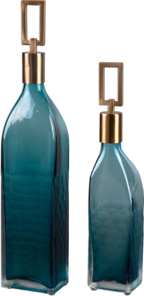 Uttermost Decorative Bottles & Canisters Vases-Urns-Trays-Finials Thick Teal Green Glass Featuring Coffee Bronze Metal Stoppers.