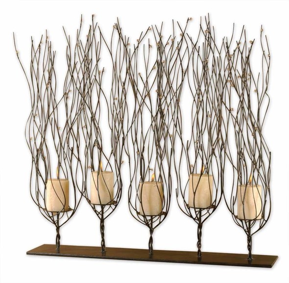 candle goblets Uttermost Candleholders Large-scale Candleholder Finished In A Dark Brown Wash With Clear Bead Decorations. Five 3"x 4" Distressed Beige Candles Included. Grace Feyock