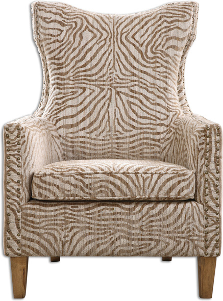 upholstered chaise lounge with arms Uttermost  Accent Chairs & Armchairs Styled With An Exotic High Back And Curved Rear Legs, This Chair Features Plush Stripes In Light, Airy Neutrals On The Seat, Surrounded By A Coordinating Solid On The Back. Double Row Nail Head Detail And Weathered Maple Wood Finish.