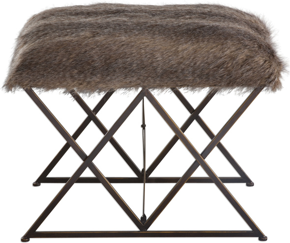 leather tufted ottoman Uttermost Plush Small Bench Plush Animal Inspired Faux Fur In Brown Tones Atop Argyle Legs In Iron, Finished In Worn Black With Gold Accents.  Slight Variations In Fur Color May Occur.