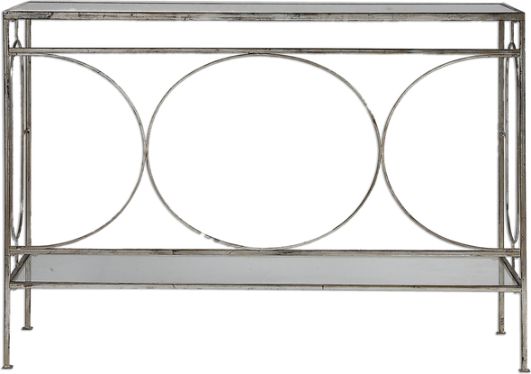 mid century modern coffee table Uttermost  Console & Sofa Tables Refined, Thinly Shaped Forged Iron Is Finished In Heavily Distressed Antique Silver. Top Shelf Is Mirrored With A Clear Tempered Glass Gallery Shelf.