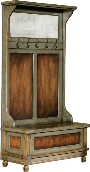 metal wall clothes rail Uttermost Hall Trees Closet Organizers-Stands and Racks Honey Stained, Solid Mahogany Wood With Hand Painted, Distressed Charcoal Gray Accents, Aged Brass Coat Hooks, And Antiqued Mirror. Seat Lifts With Safety Hinge For Storage. Matthew Williams