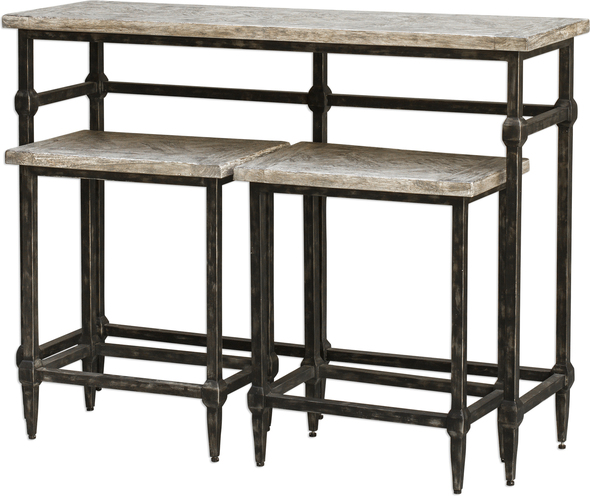 modern bar and counter stools Uttermost Bistro Set Including A Counter Height Table With Two Stools, This Space-saving Design Is Built To Last. Weathered Finish Blends With Any Style, With Iron Base In Blackened Zinc And Marquetry Inlay Top In A Gray Glazed Driftwood Finish. Matthew Williams