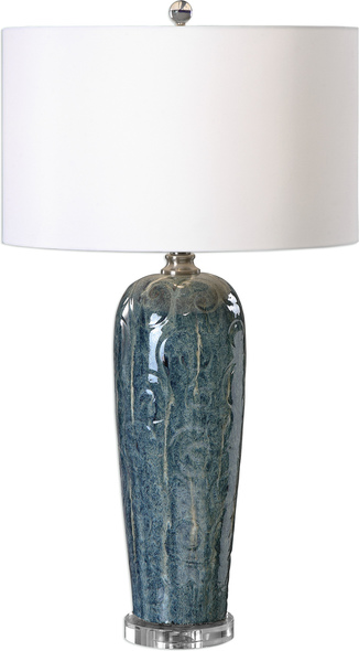 Uttermost Blue Ceramic Table Lamp Table Lamps Heathered Blue Ceramic Featuring Subtle Decorative Embossing With Silver Ivory Highlights And Rust Undertones Accented With Brushed Nickel Details And A Crystal Foot.