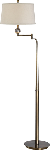 gold metal floor lamp Uttermost Swing Arm Floor Lamp Tapered Steel Base, Finished In A Plated Antique Brass, Featuring A Gracefully Curved Top And Rotating Shade Arm, With A Crystal Ball Accent.