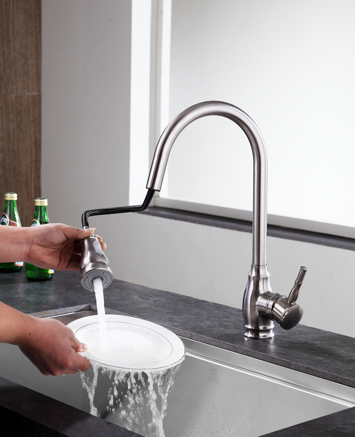pull down spray kitchen sink faucet Anzzi KITCHEN - Kitchen Faucets - Pull Out Nickel