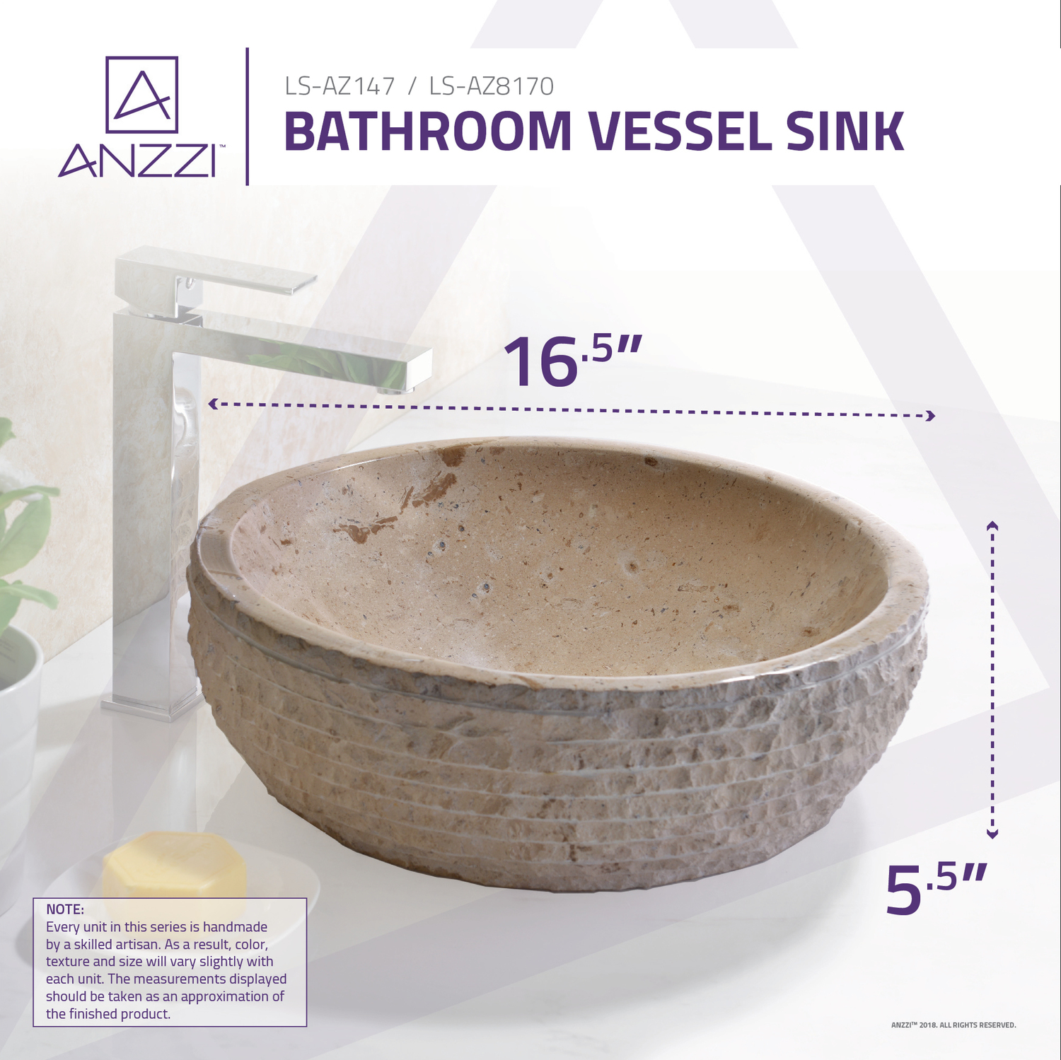 Anzzi Desert Basin Vessel Sink in Classic Cream Marble LS-AZ147