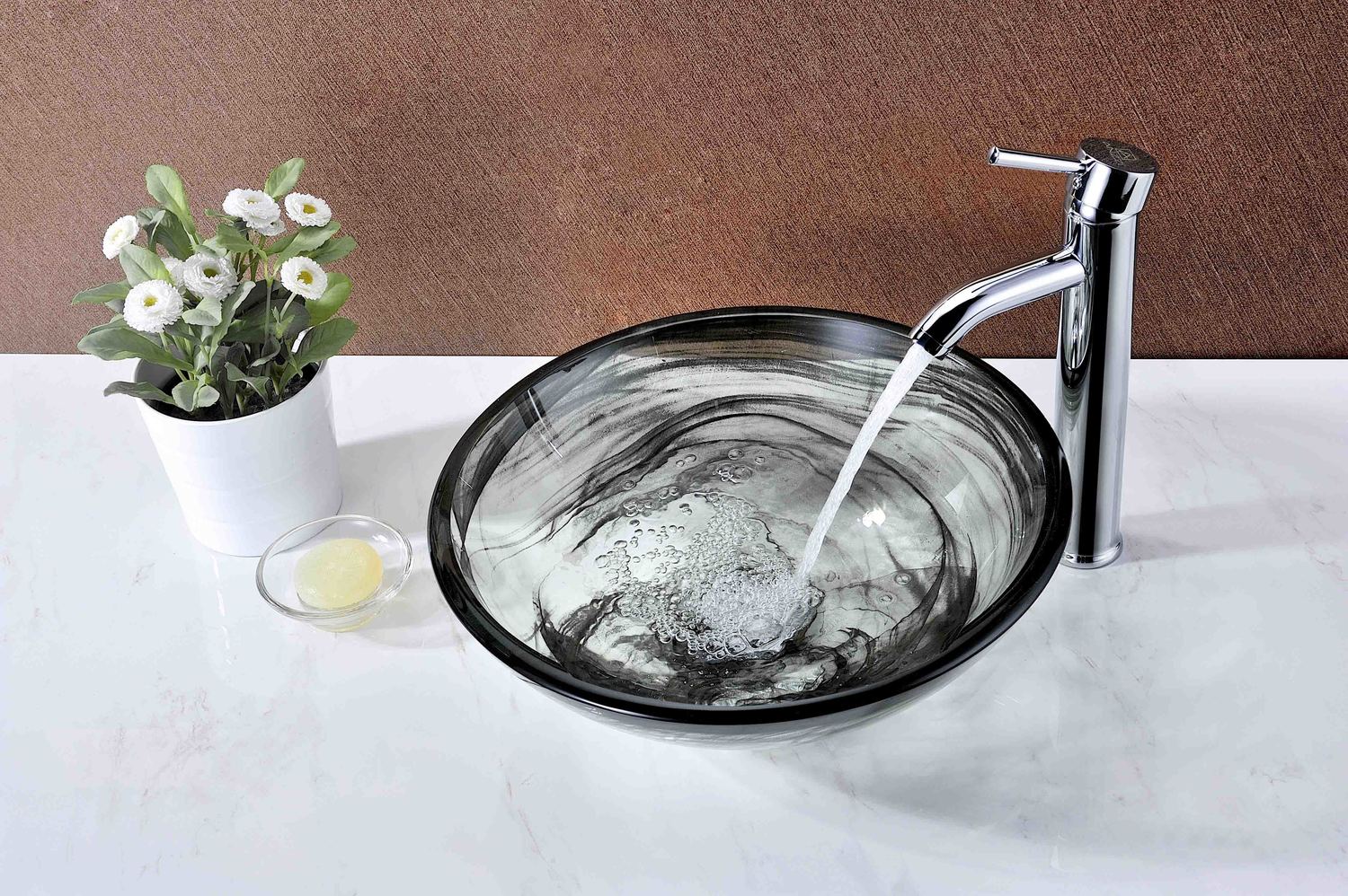 white bathroom vanity with black sink Anzzi BATHROOM - Sinks - Vessel - Tempered Glass Gray
