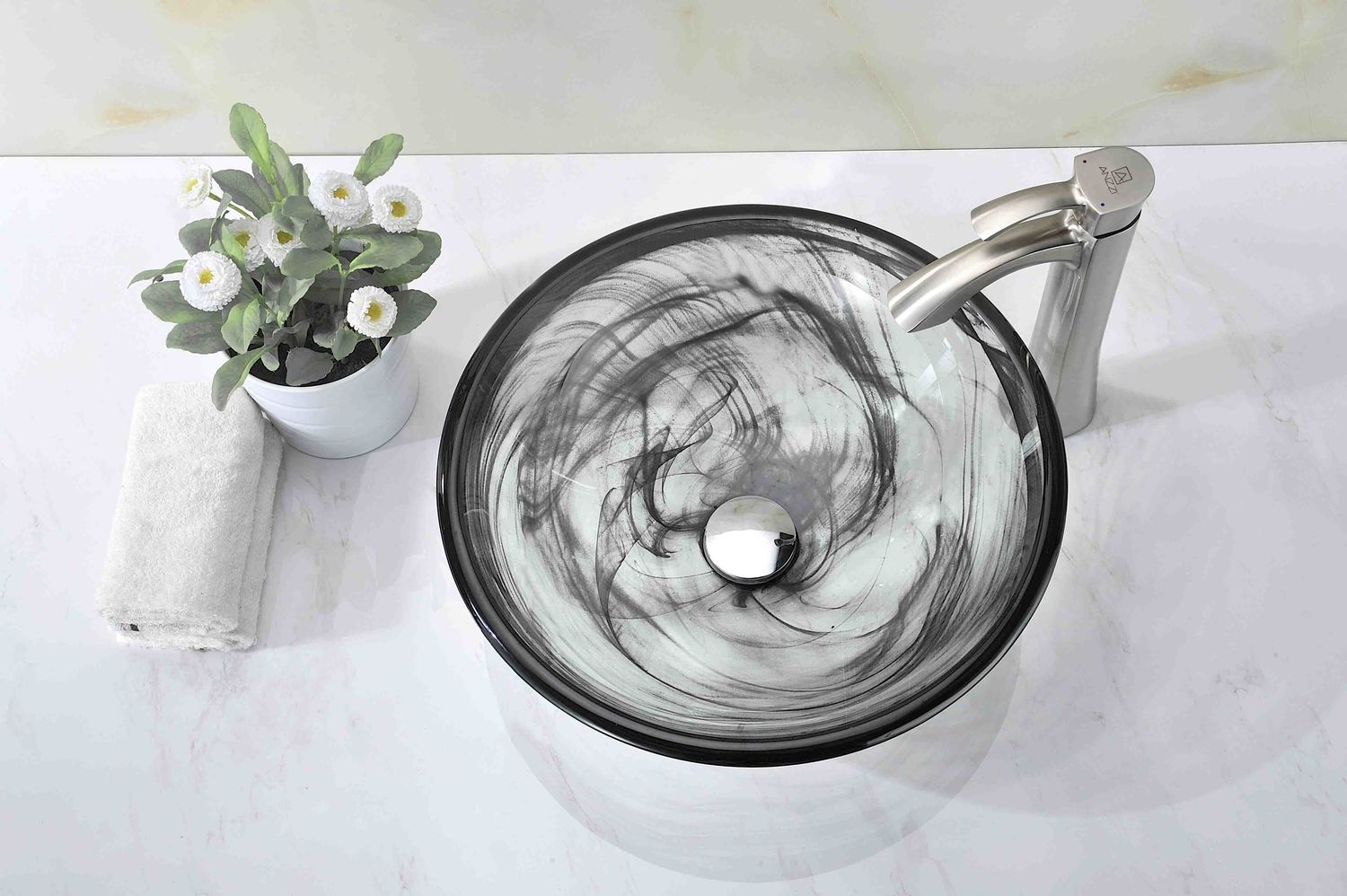 white bathroom vanity with black sink Anzzi BATHROOM - Sinks - Vessel - Tempered Glass Gray