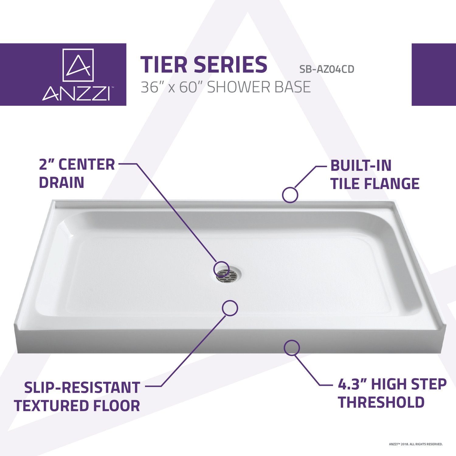 48 x 60 shower pan with bench Anzzi SHOWER - Shower Bases - Single Threshold White