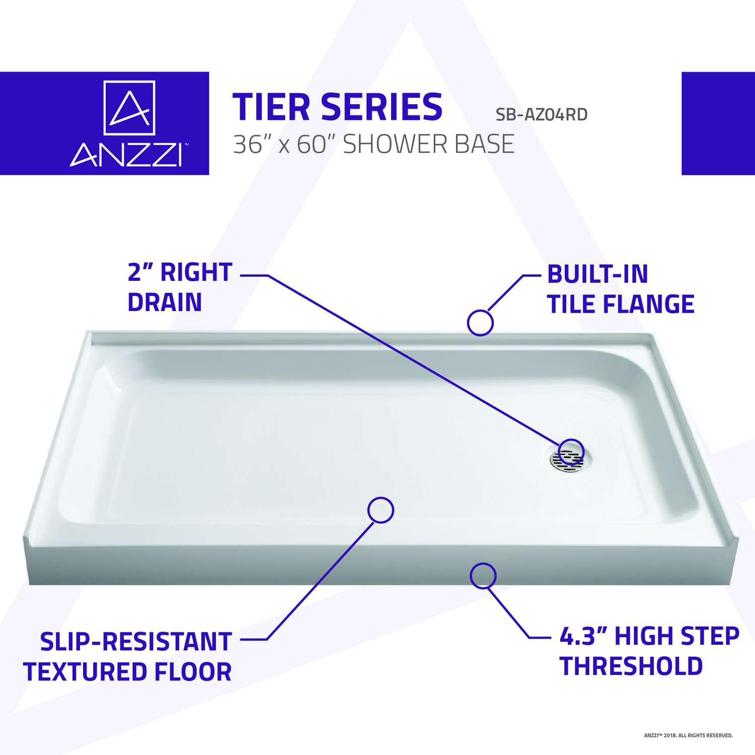 32 x 36 double threshold shower base Anzzi SHOWER - Shower Bases - Single Threshold White