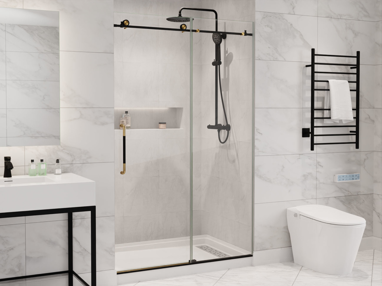 shower panel door Anzzi SHOWER - Shower Doors - Sliding Matte Black & Brushed Gold