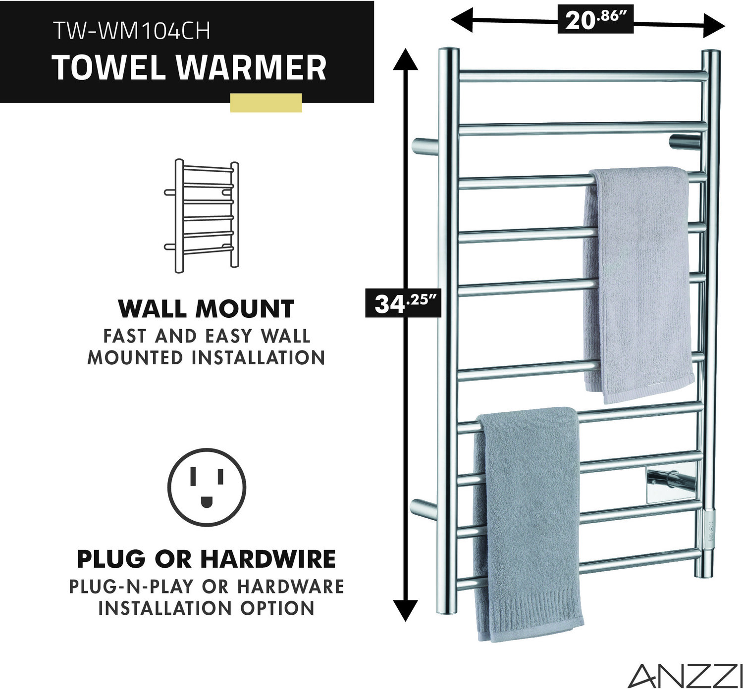 black towel warmer rack Anzzi BATHROOM - Towel Warmers - Wall Mounted Nickel