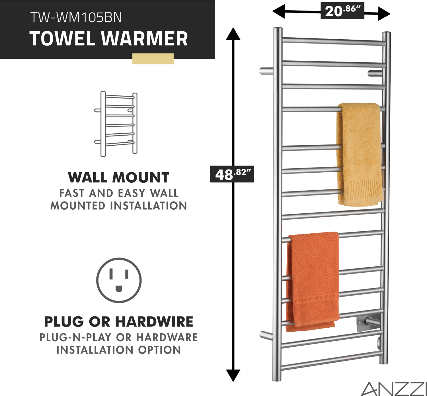 brushed steel towel holder Anzzi BATHROOM - Towel Warmers - Wall Mounted Chrome