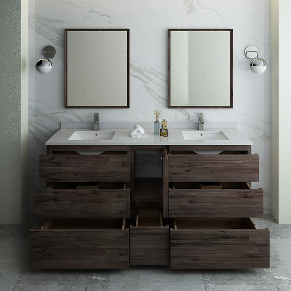 double vanity with storage tower Fresca Acacia Wood