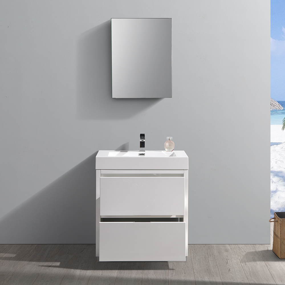 vanity in washroom Fresca Glossy White