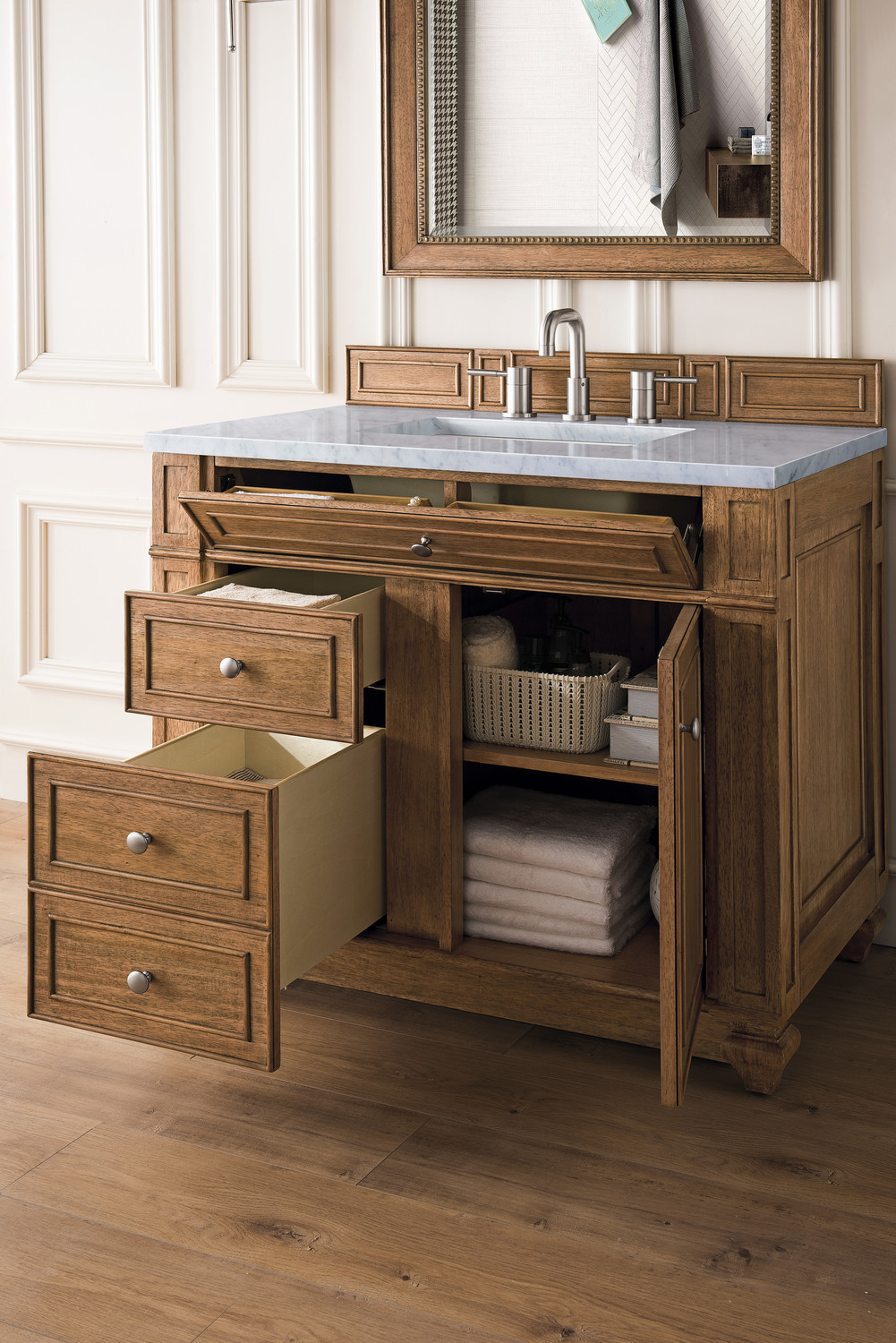 wood bathroom countertops ideas James Martin Vanity Saddle Brown Transitional