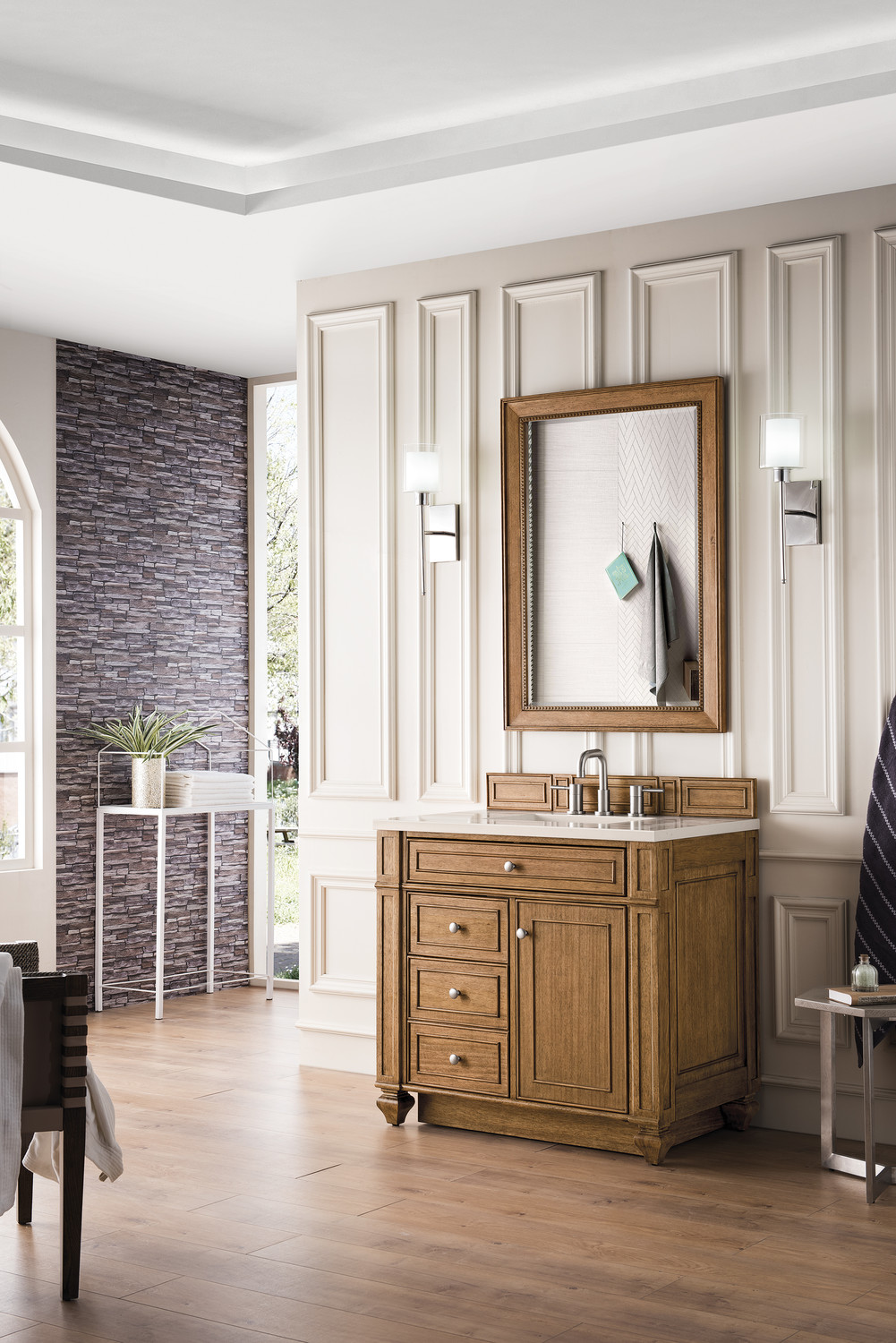 double bathroom vanity with storage tower James Martin Vanity Saddle Brown Transitional