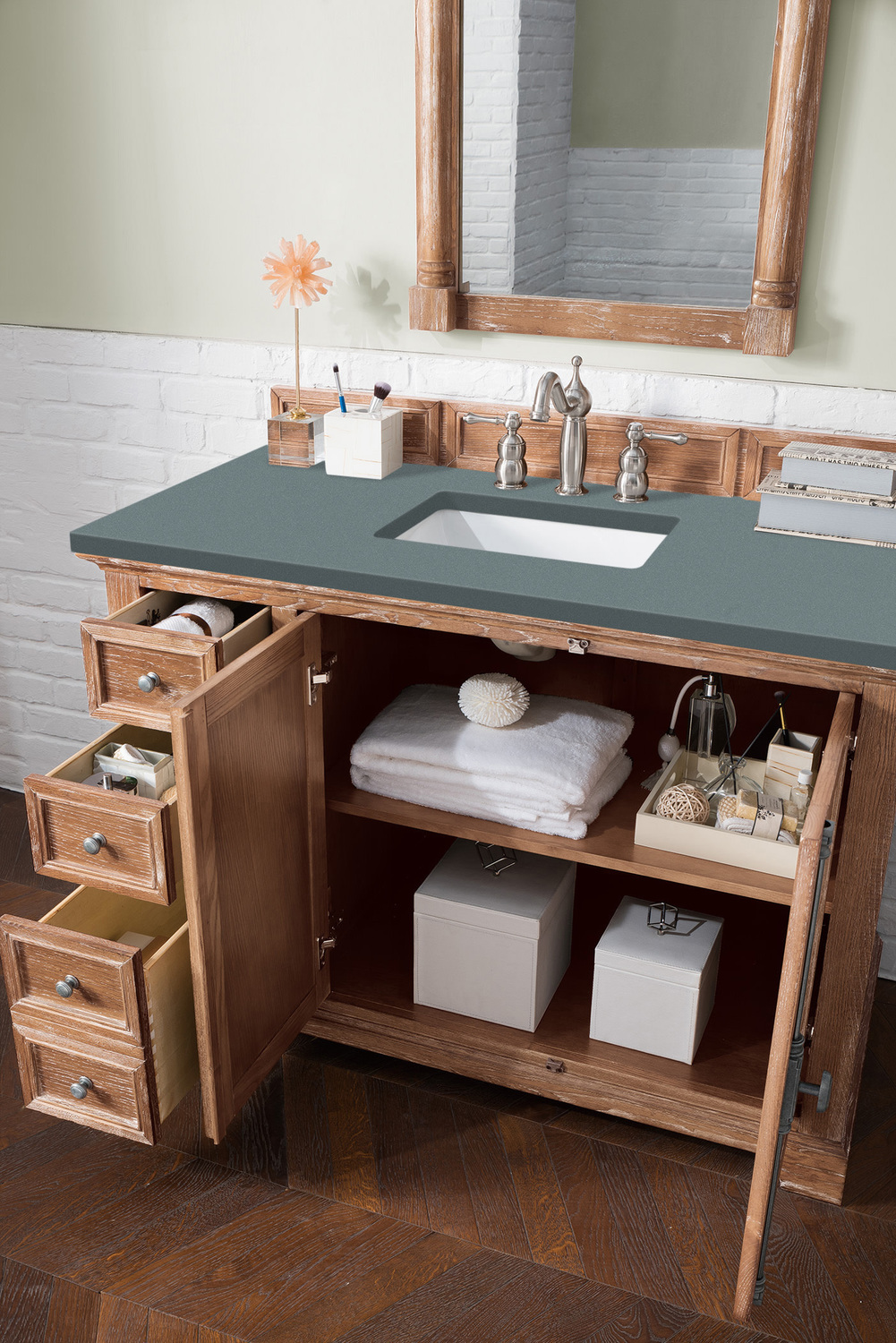 white wooden bathroom cabinet James Martin Vanity Driftwood Transitional
