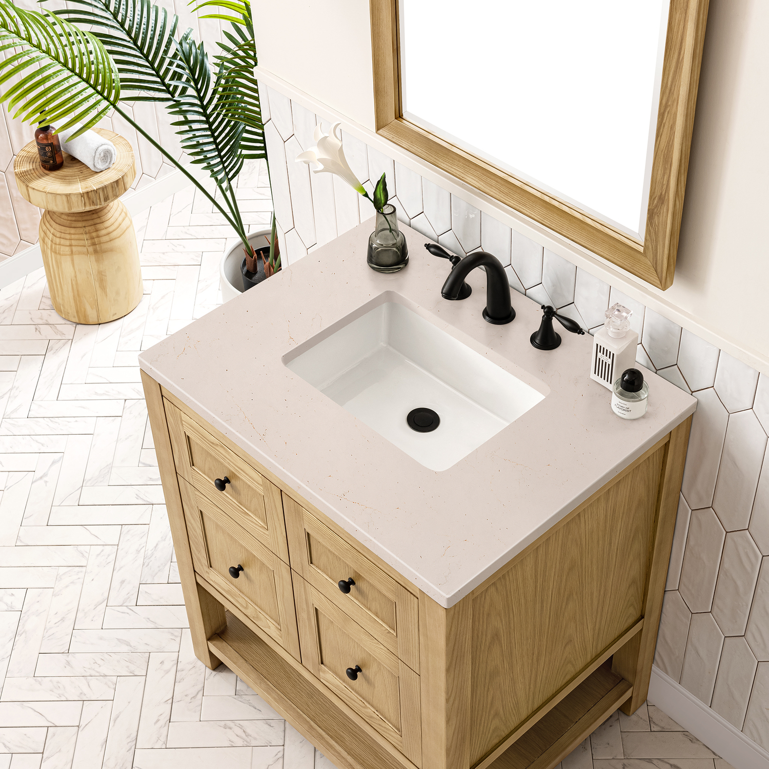 double sink vanity with top James Martin Vanity Light Natural Oak Modern Farmhouse, Transitional