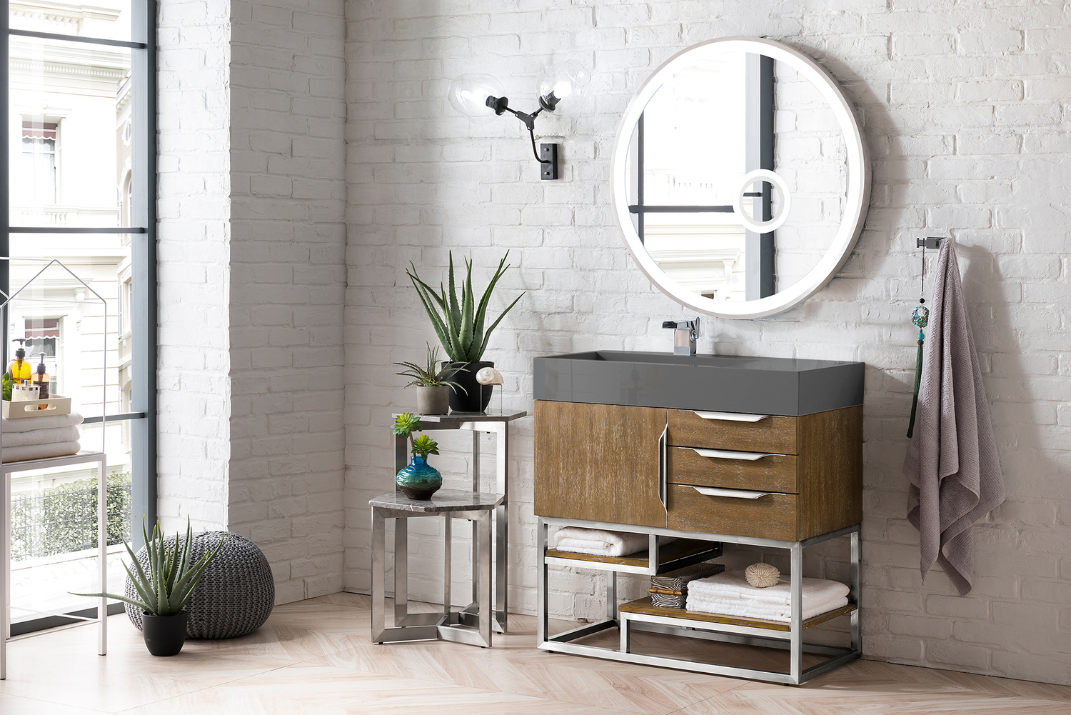 double bathroom vanity with storage tower James Martin Vanity Latte Oak Modern