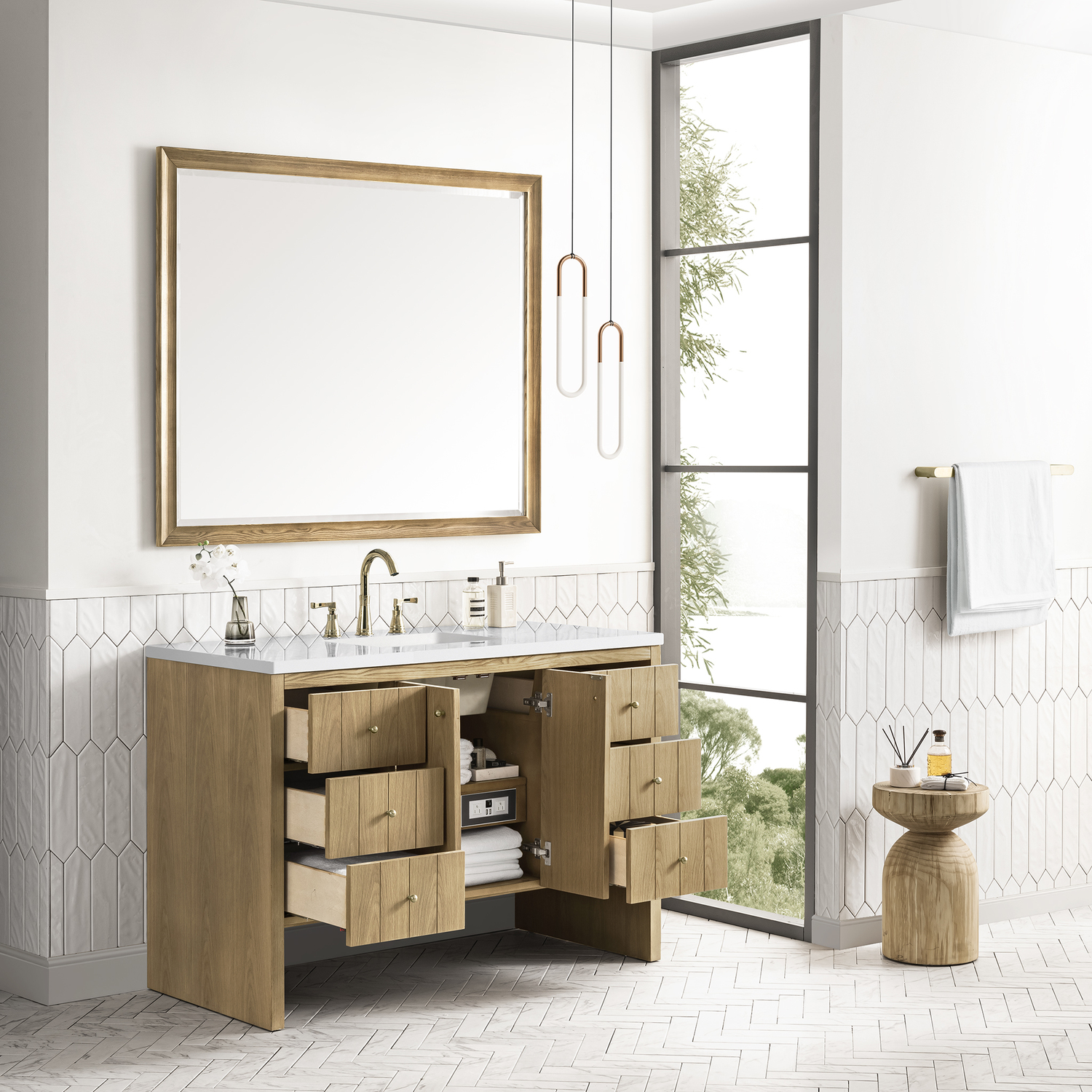 bathroom cabinet between sinks James Martin Vanity Light Natural Oak Contemporary/Modern, Modern Farmhouse.Transitional