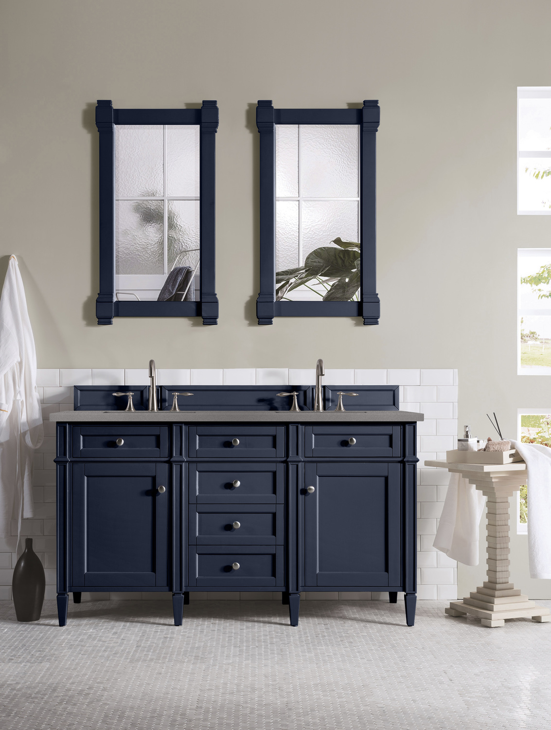two vanities with cabinet in between James Martin Vanity Victory Blue Transitional