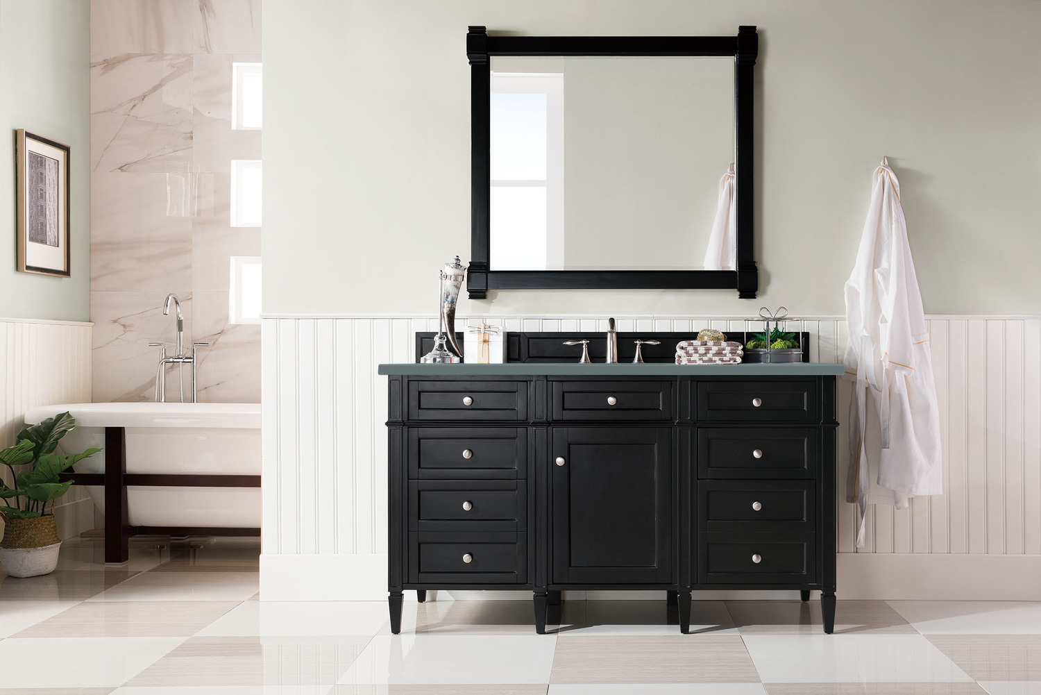 double sink bathroom vanity with storage tower James Martin Vanity Black Onyx Transitional