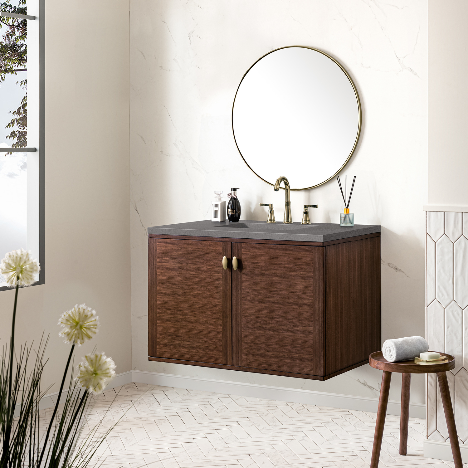 bathroom vanity top storage ideas James Martin Vanity Mid-Century Walnut Mid-Century Modern