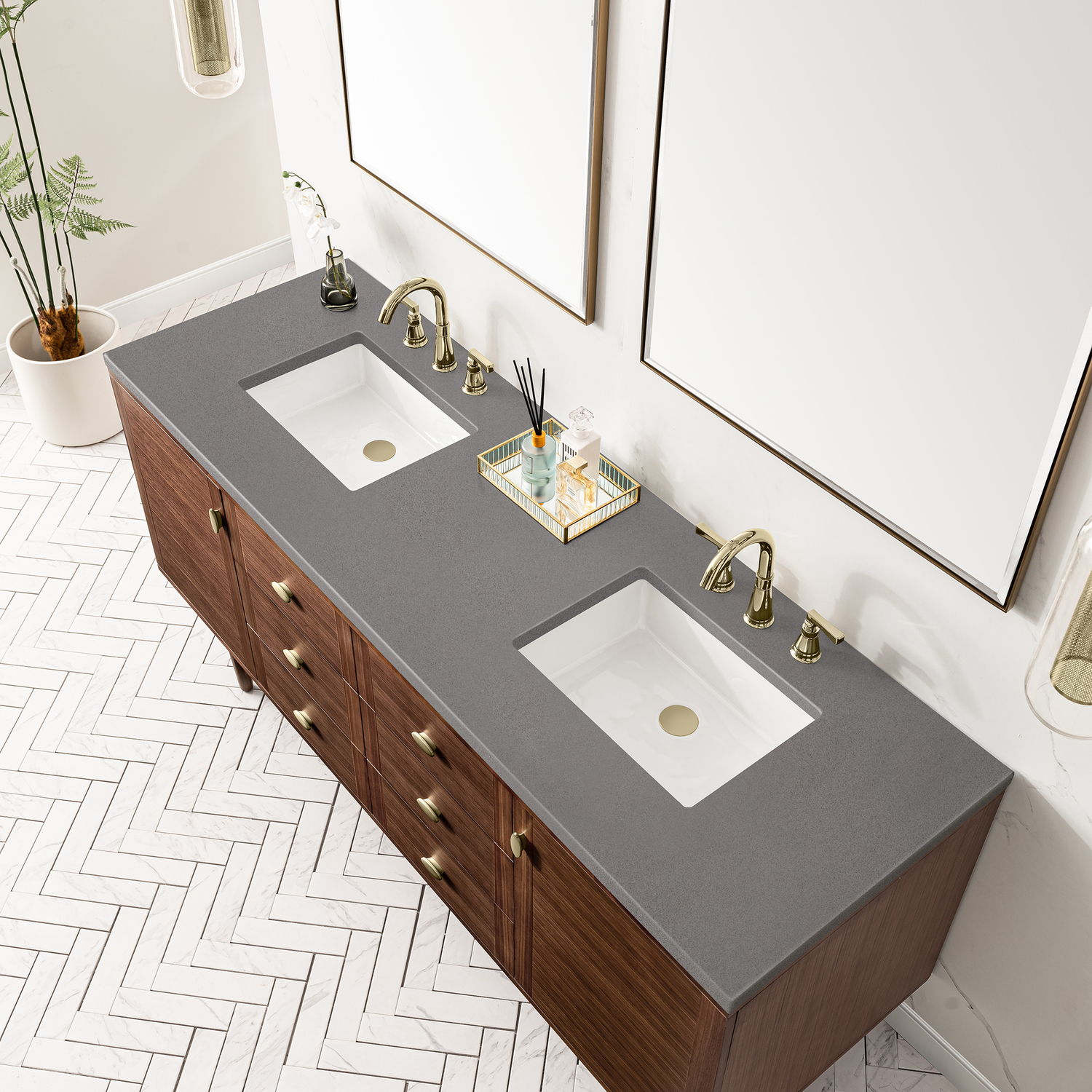 beige bathroom vanity James Martin Vanity Mid-Century Walnut Mid-Century Modern