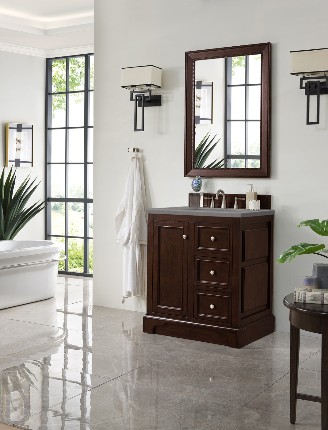 white bathroom vanity with gold hardware James Martin Vanity Burnished Mahogany Modern