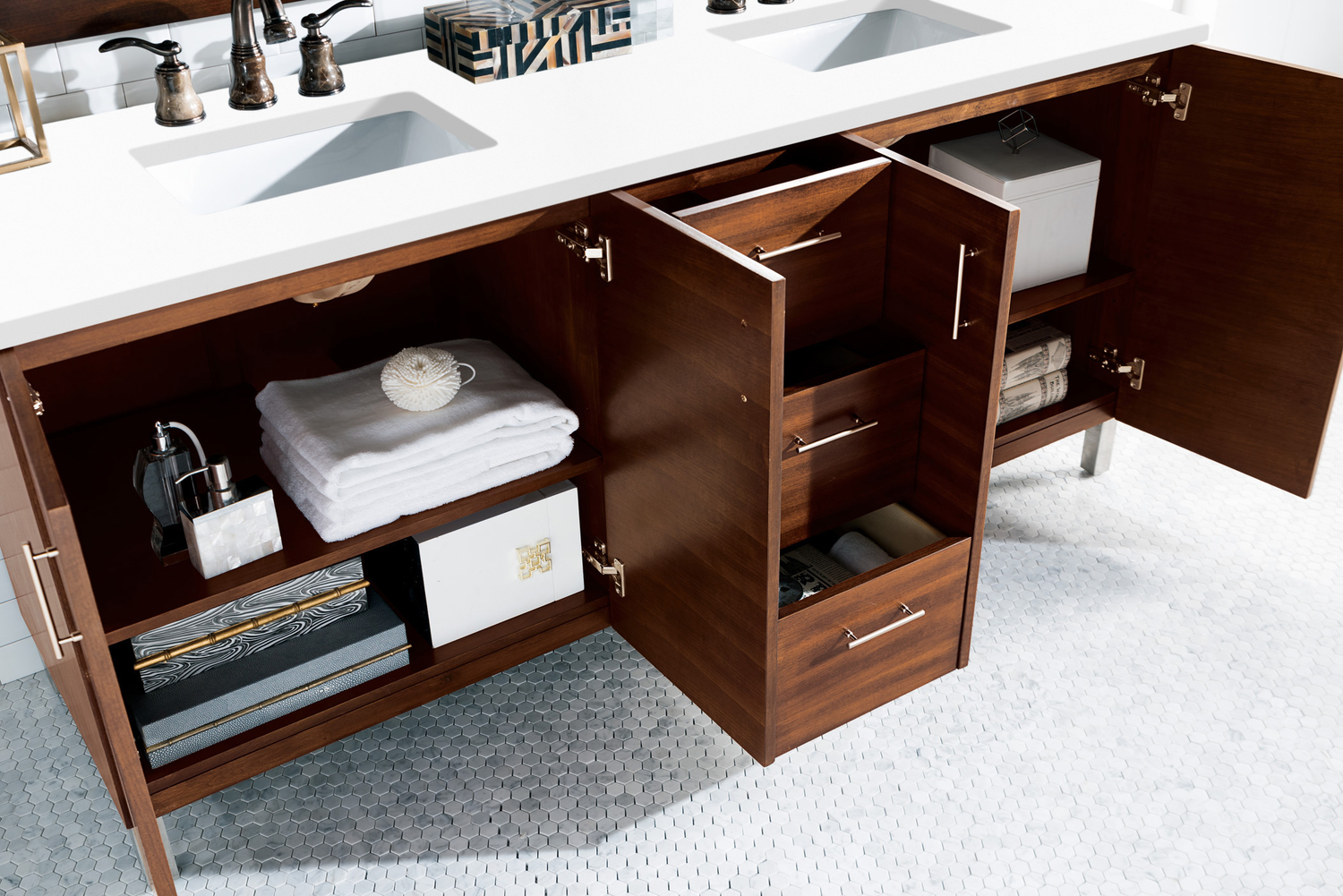 two vanities with cabinet in between James Martin Vanity American Walnut Contemporary/Modern, Transitional