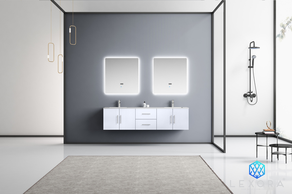 double vanity with storage tower Lexora Bathroom Vanities Glossy White