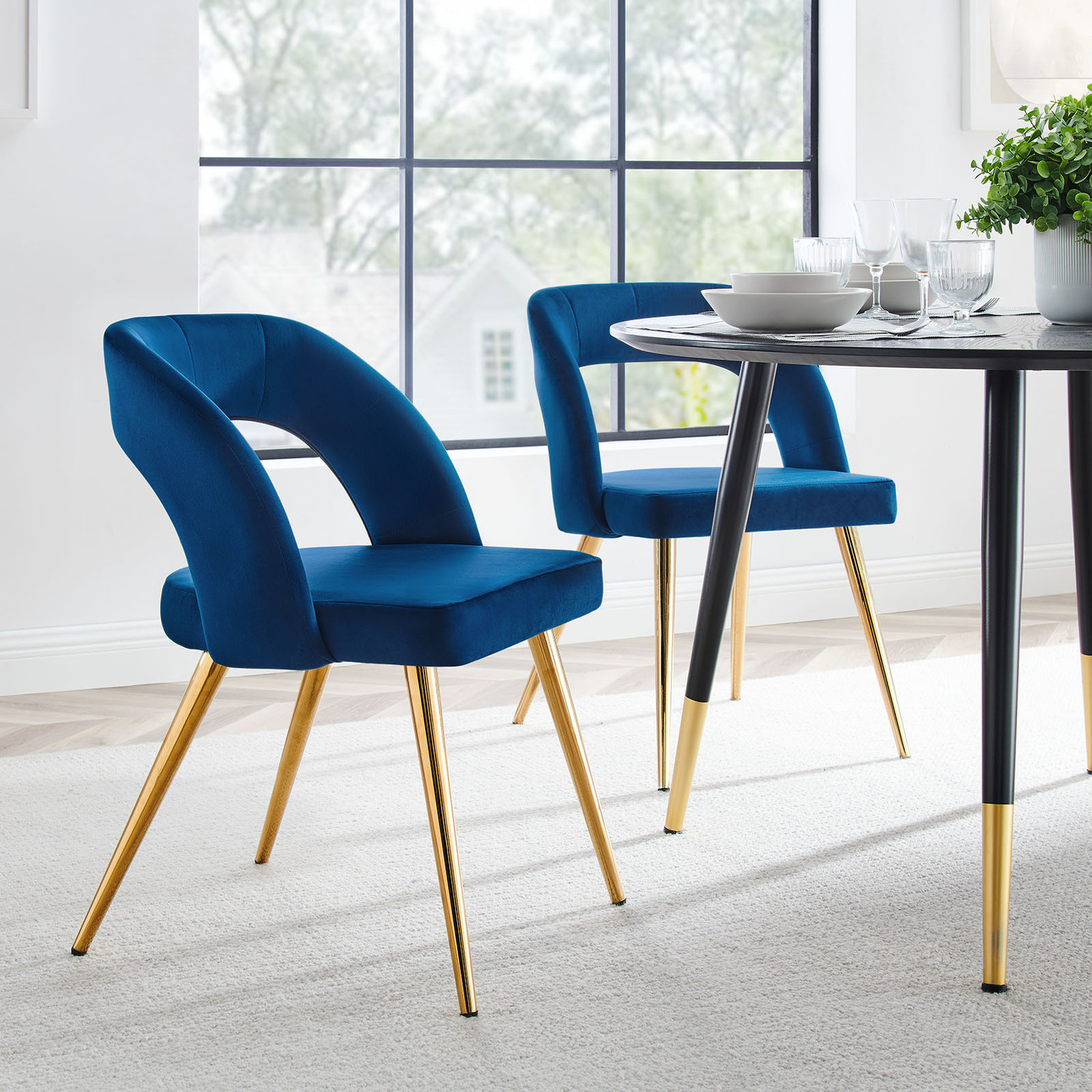 blue velvet dining chairs with gold legs Modway Furniture Dining Chairs Gold Navy