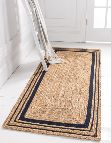 indoor rugs for entryway Unique Loom Area Rugs Natural/Navy Blue Hand Braided; 6x2